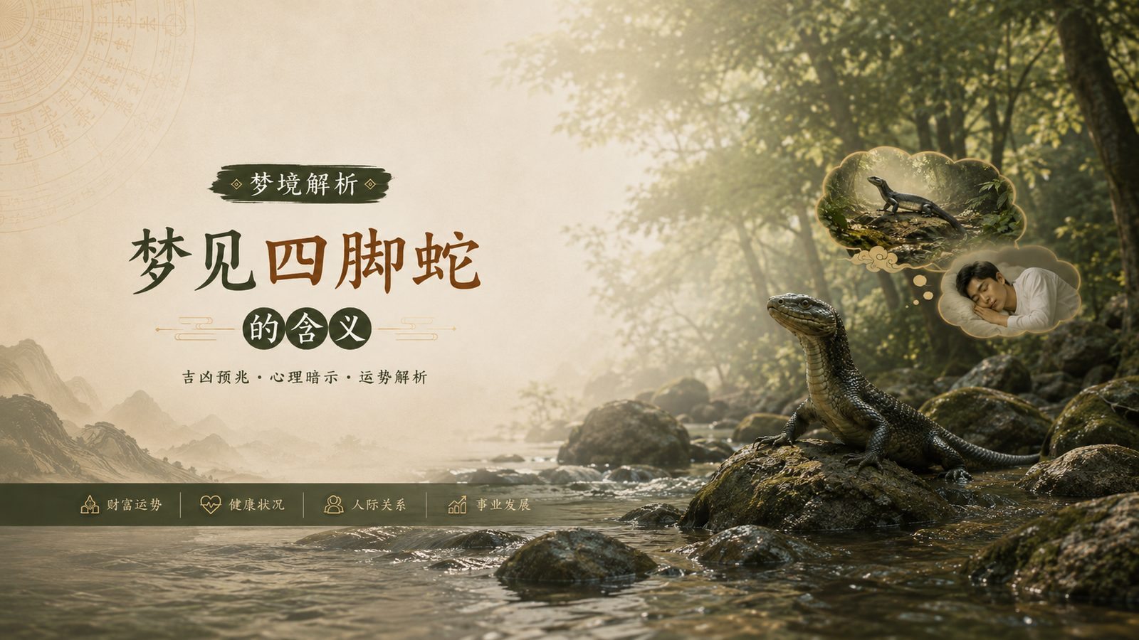 梦见四脚蛇的含义插画：四脚蛇在溪边岩石上，旁边是熟睡中的人与梦境泡泡